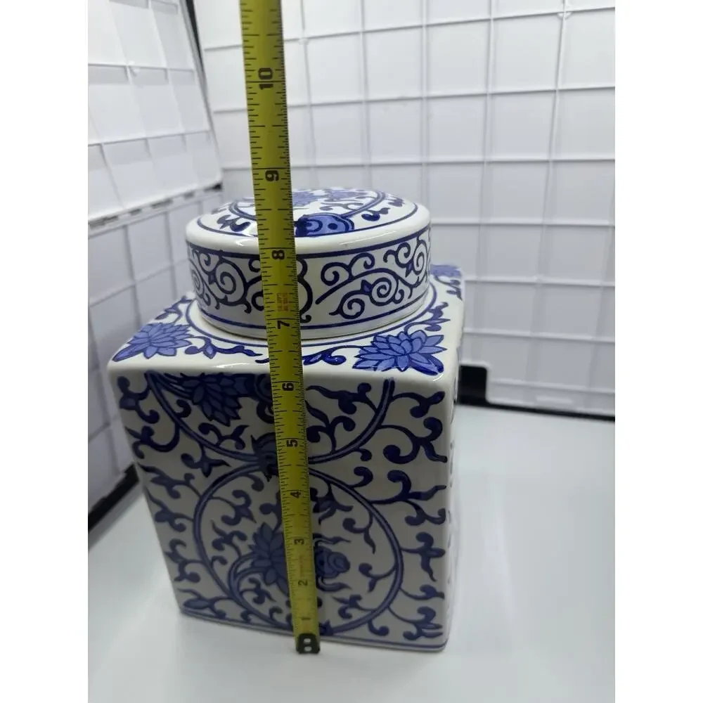 Vintage Asian Blue White Porcelain Tea Caddy, Lidded Jar, Lotus Flowers